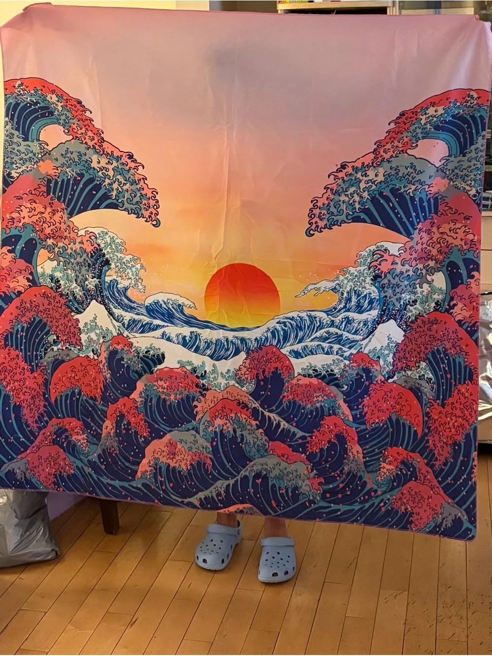 Japanese Inspired Sunset Wave Tapestry Wall Art - Pink Blue Ocean Scene